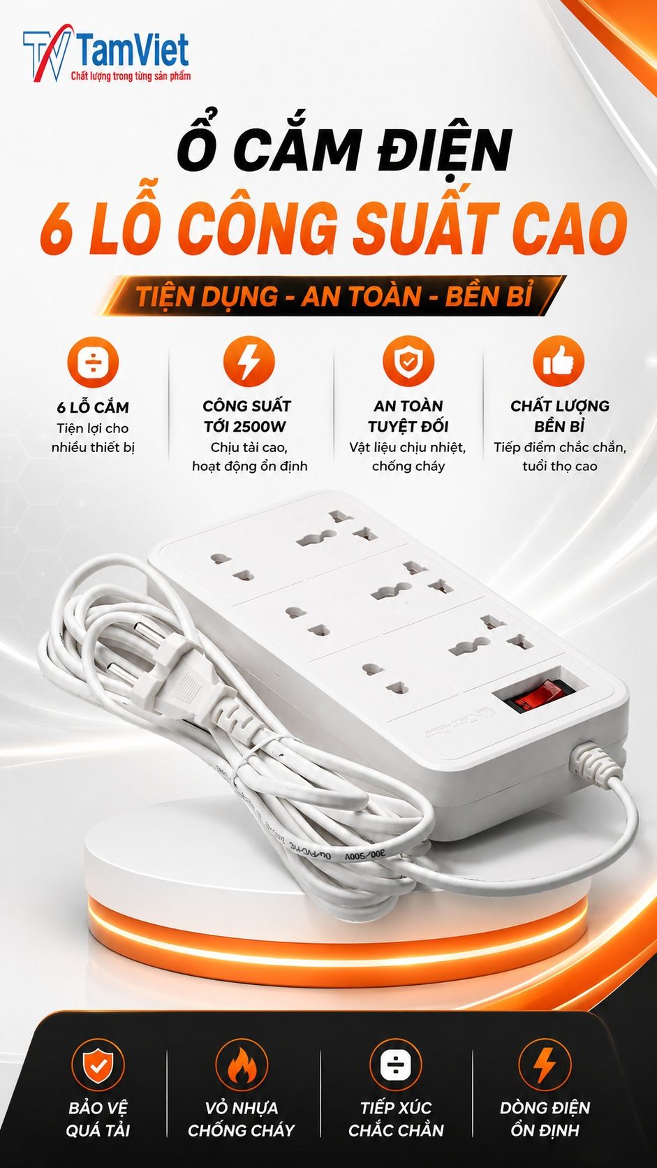 Ổ cắm điện 6 lỗ 2500W