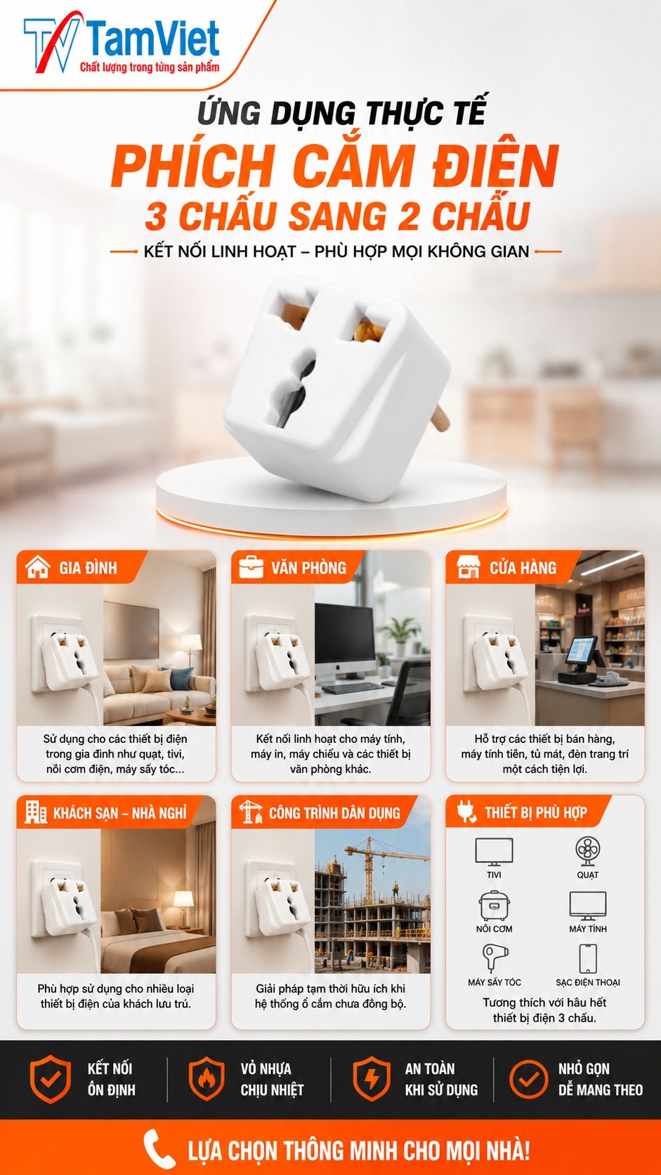 Ứng dụng phích cắm điện 3 chấu sang 2 chấu